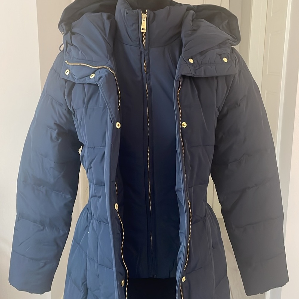 Cole Haan Signature Navy Long Down Puffer Coat Hooded Size XS NWT - Picture 6 of 11